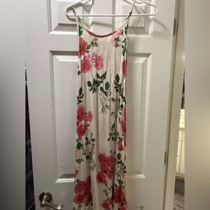 Floral Pink Rose Asymmetrical Slip Dress - White Pink Green S/M